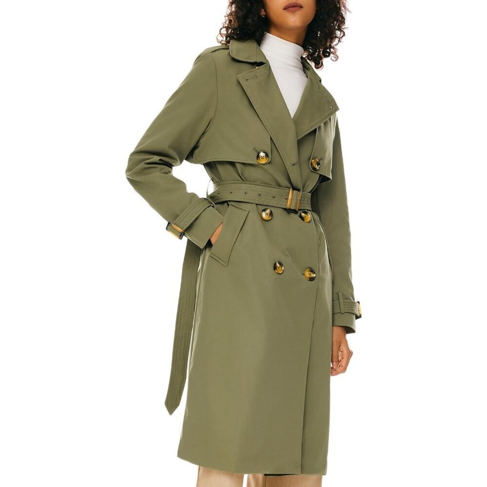 Women's Green Length Double Breasted Trench Coat Lapel Jacket With Belt